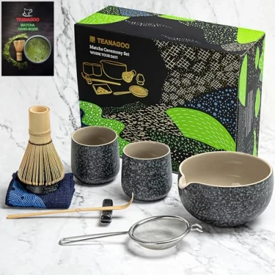Abbildung von TEANAGOO Keramik, Matcha Set Schneebesen Schale mit Ausgießer Schöpfkelle Halter Teezubereitungsset. 1 Japanische Tee (7pcs) + 2Cups(7.2oz),S1,Charcoal Grey, schwarz/Grau