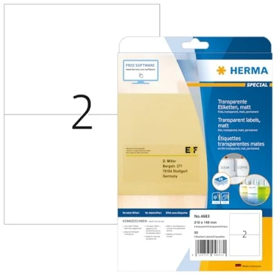 Abbildung von HERMA 4683 Wetterfeste Folienetiketten transparent, 25 Blatt, 210 x 148 mm, 2 pro A4 Bogen, 50 Stück, selbstklebend, bedruckbar, matt, blanko Klebeetiketten Aufkleber aus Folie, durchsichtig