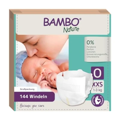 Abbildung von Bambo Nature Baby Windeln Größe 0 (1 3kg) 144 St. Monatsbox Premium Diapers mit verbesserter Auslaufsicherheit Ultimativer Komfort &amp; Freiheit für Neugeborene Dermatologisch getestete Nappies