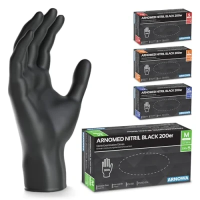 Abbildung von 200x ARNOMED Einweghandschuhe Schwarz, Einmalhandschuhe M, Nitrilhandschuhe, Handschuhe Einweg puderfrei, latexfreie Gummihandschuhe, in XS, S, L &amp; XL verfügbar