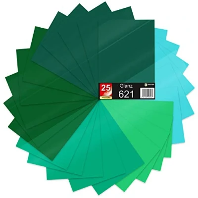 Abbildung von 25 x Din A4 Bögen Plotterfolie 621/631 Selbstklebende Folie im Set Vinyl zum Plotten DIY Bastelfolie Sticker Beschriftung Aufkleber 29,7x21cm (Grüntöne matt, 25er Set)
