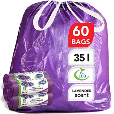 Abbildung von Stella Bio Müllbeutel 35 L 60 Stück Umweltfreundlich und recycelbar Mülltüten aus Kunststoffabfällen Ultra Starke Flexible Müllsäcke Lavendel Duft Lila Farbe mit Zugband