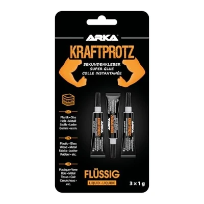 Abbildung von ARKA 3x 1g Sekundenkleber extra stark Inkl. Anti Austrocknungs Spitze KRAFTPROTZ Flüssiger Superkleber Universell verwendbar zum Kleben von Plastik, Kunststoff, Glas, Holz, Stein, Metall uvm.