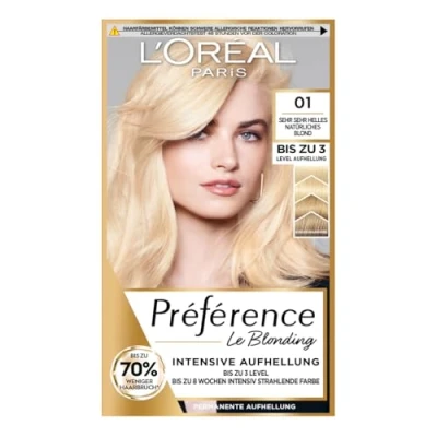 Abbildung von L&#039;Oréal Paris Permanente Haarfarbe zum Blondieren der Haare, Haarfärbeset mit Coloration und Farbglanz Pflegebalsam, Préférence Le Blonding, 01 Sehr helles natürliches Blond, Multipack
