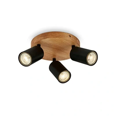 Abbildung von BRILONER Deckenlampe Vintage schwenkbar, Holzbasis, GU10 Fassung, max. 9 Watt, Deckenleuchte, Lampe, Wohnzimmerlampe, Schlafzimmerlampe, Küchenlampe, Deckenstrahler, 19x8,5 cm, Schwarz