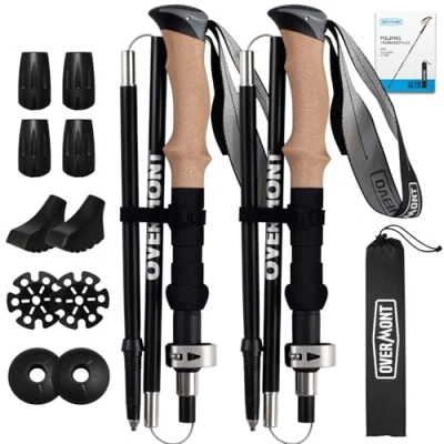 Abbildung von Overmont Wanderstöcke Carbon, 7075 Aluminium Ultraleicht faltbar verstellbar 105 125CM Trekkingstöcke Nordic Walking Stöcke 1 Paar mit All Terrain Zubehör