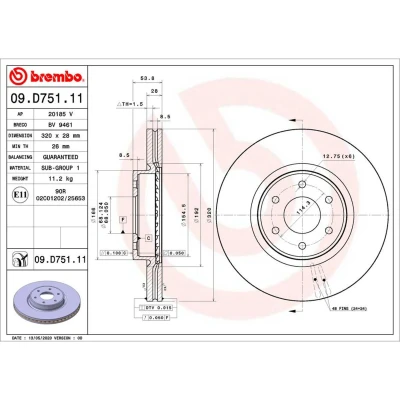 Abbildung von BREMBO 09.D751.11 Bremsscheibe 320 28 6 innenbelüftet beschichtet NISSAN: NP300 Navara Pickup, MERCEDES BENZ: X Class