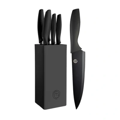 Abbildung von MasterChef Messerblock mit Messer Kuchenmesser Set Santokumesser, Brotmesser, Kochmesser, Gemüsemesser und Allzweckmesser, Edelstahl, Scharfes, 5 teilig, Schwarz, Soft Touch Griffe