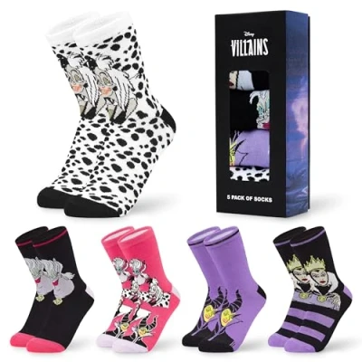 Abbildung von Disney Damen Socken, bunte warme Strümpfe mit Motiv, Geschenke für Frauen, Teenies, 5er Pack (Lila/Rosa Villains)