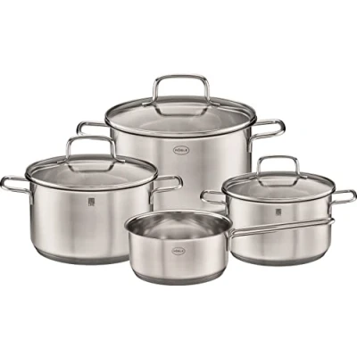 Abbildung von RÖSLE Basic Line Topf Set 4 tlg., 3 Universaltöpfe, 1 Stielkasserolle, Edelstahl 18/10, mit Glasdeckel und Schüttrand, induktionsgeeignet, spülmaschinengeeignet