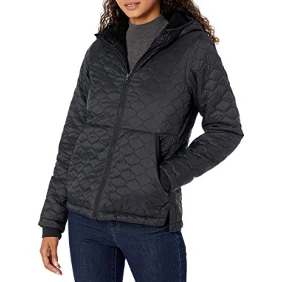 Abbildung von Amazon Essentials Damen Leichter, wasserabweisender Puffermantel mit Sherpa Futter und Kapuze, Schwarz, XXL