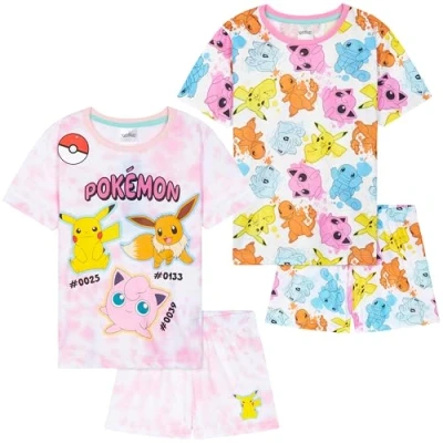 Abbildung von Get Trend Pokemon Schlafanzug Mädchen Kurz Kinder Sommer Pyjama Tie Dye 2er Pack Weich Nachthemd Set für Teenager (7 8 Jahre, Multi Pokemon, 2)
