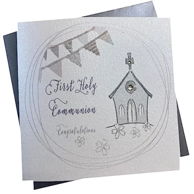Abbildung von WHITE COTTON CARDS &quot;First Holy Communion Congratulations, handgemachte Karte, Silber