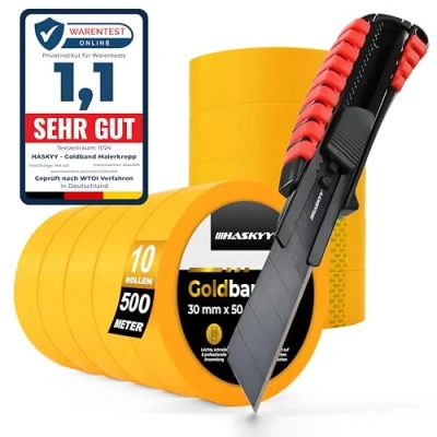 Abbildung von HASKYY Goldband Malerkrepp Kreppband 10x Malerband 30mm x 50m inkl. Aluminium Teppichmesser Profi Set für scharfe Farbkanten, Selbstklebend Abdeckband, Cuttermesser mit Extra Scharfer SK5 Klinge