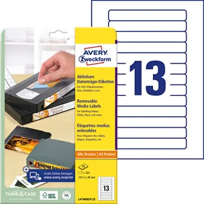Abbildung von AVERY Zweckform L4746REV 25 Etiketten für VHS Videokassetten (325 Aufkleber, 147,3x20mm auf A4, bedruckbar, selbstklebend, wiederablösbar, die Schmalseite von Kassetten) Blatt, weiß