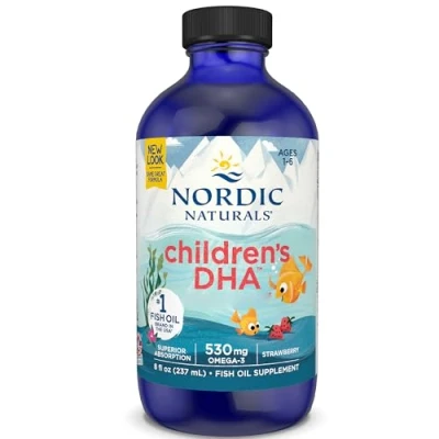 Abbildung von Nordic Naturals, Children&#039;s DHA, 530mg Omega 3 für Kinder aus Lebertran, Erdbeeraroma, mit EPA und 237ml, Laborgeprüft, Sojafrei, Glutenfrei, Ohne Gentechnik