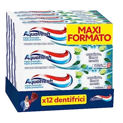 Abbildung von Aquafresh Dreifacher Schutz für die ganze Familie, gesundes Zahnfleisch, starker Nagellack, frischer Atem, Eukalyptus Limette und Minze, Packung mit 12 Zahnpasten x 75 ml