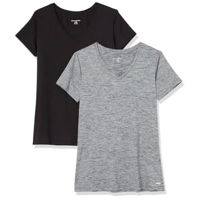 Abbildung von Amazon Essentials Damen Tech Stretch T Shirt mit kurzen Ärmeln und V Ausschnitt (erhältlich in Übergröße), 2er Pack, Kohlegrau Space dye/Schwarz, M