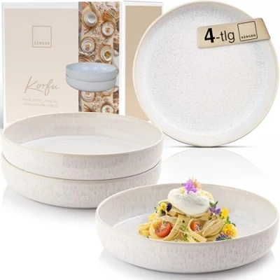 Abbildung von SÄNGER Korfu Steingut Pastaschalen 4 tlg, Nudel Schalen Set Personen, Schüssel spülmaschinenfest mikrowellenfest, große Creme mit sandiger Maserung 850 ml PREMIUM COLLECTION