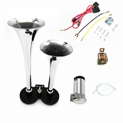 Abbildung von YIYIDA Car Horn Lufthorn Auto 150DB LKW Hupe Chrom Zink Trompete Silber Lautsprecher Super Lautes Doppelrohrhorn mit Kompressor Luftpumpe Air für 24V Zug Van Boot Motorrad usw