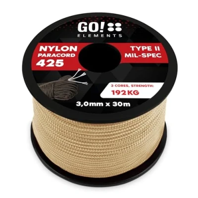 Abbildung von GO!elements 30m Paracord Seil aus reißfestem Nylon 3mm 425 Typ II max. 192kg Schnüre als Outdoor Seil, Allzweckseil, Survival Armband, Hundeleine, Nylonschnur, Farbe: Sand