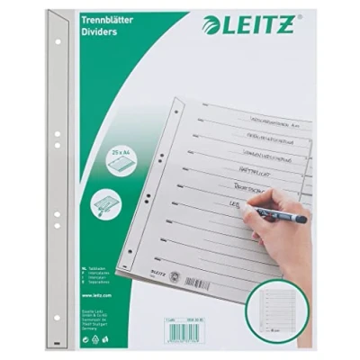 Abbildung von Leitz Register für A4, Deckblatt und 10 Trennblätter, Taben individuell zuschneidbar, 25 Stück, Überbreite, Grau, 100% Recyclingkarton, 16503085