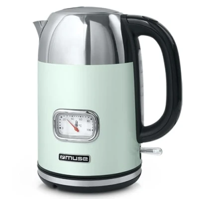 Abbildung von Muse Edelstahl Retro Wasserkocher mit analoger Temperaturanzeige, waschbarer Filter, transparente Skala, 1,7L Fassungsvermögen, automatische Abschaltung, pastell grün
