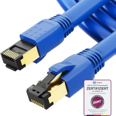 Abbildung von HB DIGITAL 3m CAT 8.1 Netzwerkkabel S/FTP LSZH, 40 Gbit/s LAN Patchkabel mit RJ45 Stecker Ethernet Data Cable 40.000 Mbit/s+GHMT Zertifikat Blau