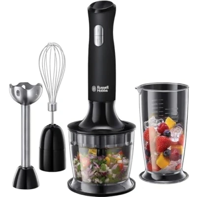 Abbildung von Russell Hobbs Stabmixer [3 in 1: Pürierstab/Zerkleinerer, Mixer &amp; Schneebesenaufsatz] Matt Schwarz (BPA freies spülmaschinenfestes Zubehör, für Smoothie, Suppen Saucen, Joghurt Babynahrung)24702 56