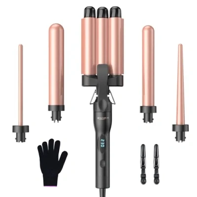 Abbildung von Lockenstab Set 3 Fässer Welleneisen Mehrere Temperatureinstellungen BESTOPE PRO Lockenstäbe mit LED Anzeige 5 in 1 für großer Wellen Schnellaufheizung einem Handschuh, 2 Clips