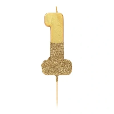 Abbildung von Glitzer Zahlenkerze, goldene Nummer 1, mehrfarbig verfügbar von Talking Tables. Ideal für Kinder und Erwachsene Geburtstage, oder Meilenstein Anlässe. Erstklassig als Kuchen Torten Deko.