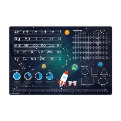 Abbildung von Schreibtischunterlage für Kinder Lernunterlage zur Einschulung in Weltraum Optik ABC, 1x1, Uhrzeiten 60 x 40 cm aus abwischbarem Vinyl Made Germany