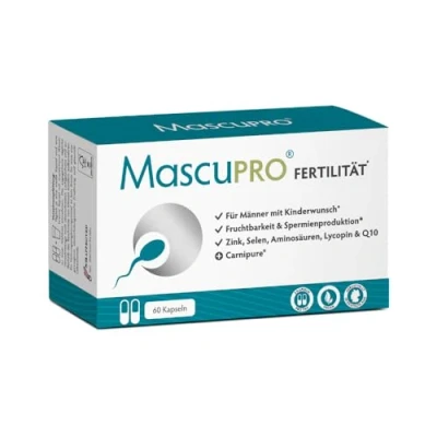 Abbildung von MascuPRO Fertilität Mann vegan Fruchtbarkeit + Spermienproduktion 60 Kapseln Zink, Selen, L Carnitin, Arginin Kinderwunsch Tabletten