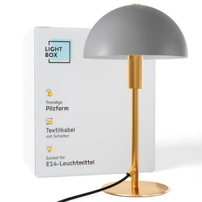 Abbildung von Lightbox Pilz Tischlampe 36 cm Höhe, Ø 20 Tischleuchte mit Wipp Schalter glamouröse LED Lampe als Nachttischlampe für das Schlafzimmer E14 aus Metall in Goldfarben/Matt Taupe/Grau