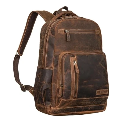 Abbildung von STILORD &#039;Hubertus&#039; Lederrucksack Damen und Herren Vintage Laptop Rucksack 15,6 Zoll Schulrucksack Leder Daypacks Lehrertasche Retro, Farbe:calais braun