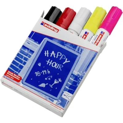 Abbildung von edding 4090 Kreidemarker bunte Farben (basic) 5 Stifte Keilspitze 4 15mm breiter Kreidestift für Tafel abwischbar zum Beschriften von Fenster, Glas, Spiegel Tafelstift mit deckenden