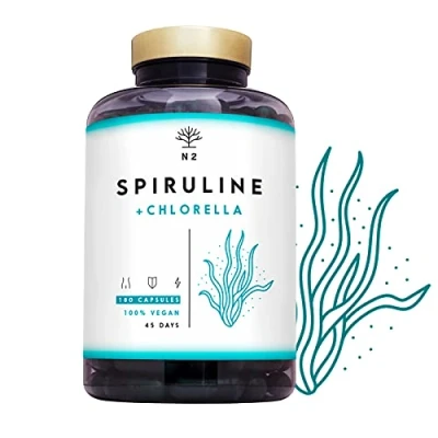 Abbildung von Spirulina Chlorella Algen Kapseln Antioxidant probiotisch. Verringerte Müdigkeit. Supplement Reich an Mineralien und Vitaminen, Proteine. 180 Pflanzliche Kapseln. VEGAN. EU. N2 Natural Nutrition
