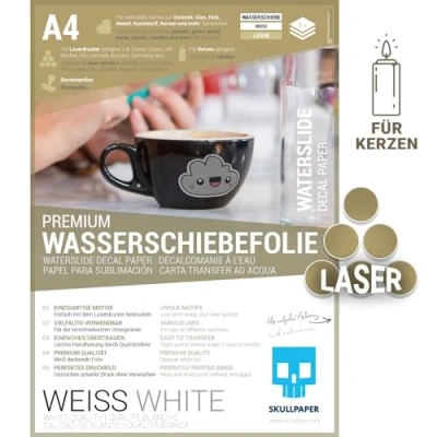 Abbildung von SKULLPAPER® Wasserschiebefolie WEISS für Laserdrucker hauchdünn DIY Decal Abziehbild Nassschiebefolie Keramik, Glas, Kerzen, Metall, Kunststoff, Modellbau (A4 8 Blatt)