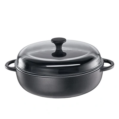 Abbildung von Küchenprofi PROVENCE Gusseisenpfanne rund emailliert schwarz 24 cm mit hohem Glasdeckel für alle Herdarten, inkl. Induktion geeignet Schmortopf Bräter Deckel