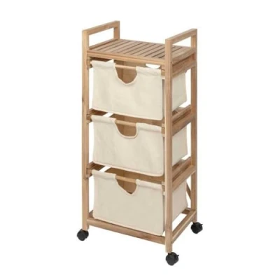Abbildung von WENKO Wäschewagen Mod. Acina, Rollregal mit 3 herausnehmbaren Körben und Einer Ablage, aus natürlichem FSC® zertifiziertem Akazienholz, 4 Rollen 2 Feststellbremsen, 43,5 x 96 33,5 cm