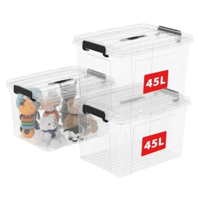 Abbildung von Cetomo 45L*3 Aufbewahrungsboxen, Tragbare Plastikboxen mit Deckeln, Organizer Behälter Griff und Clips, Stapelbar, Ineinander Nestbar, für Zuhause Büro, Transparent, 45L 3er Pack