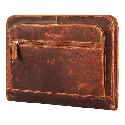 Abbildung von STILORD &#039;Elton&#039; Dokumententasche Leder Konferenzmappe A4 Schreibmappe 13,3 Zoll Aktenmappe Große Dokumentenmappe mit Reißverschluss Vintage Echtleder, Farbe:Kara Cognac