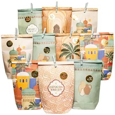Abbildung von Papierdrachen DIY Ramadan Kalender zum Befüllen für Kinder und Erwachsene Bedruckte Kraftpapiertüten in Salbei Aufstellen Dekorieren Eid Mubarak wiederverwendbar Set 6