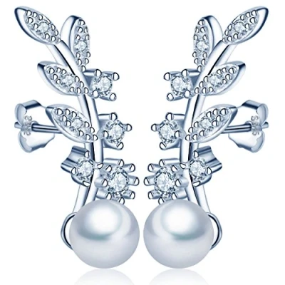 Abbildung von Yumilok 925 Sterling Silber Zirkonia Perlen Blätter Ohrstecker Ohrklemme Ohrringe Ohrschmuck Ear Cuffs für Damen Frauen Mädchen