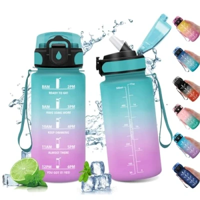 Abbildung von Trinkflasche 500ml, Sport Kohlensäure Geeignet, Wasserflasche Auslaufsicher, Fahrrad mit Zeitmarkierung, für Kinder, Outdoor, Erwachsener, Büro, Sport, Fitness, Yoga