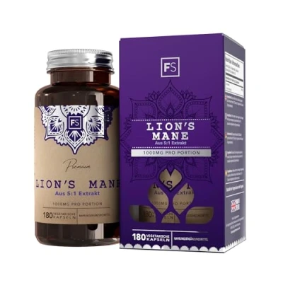 Abbildung von FS Lions Mane Löwenmähne Pilz 1000mg Mushroom pro Portion 180 Kapseln Complex Hochdosiert Lion&#039;s Gentechnik , Gluten &amp; Allergenfrei Hergestellt in GB