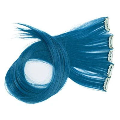 Abbildung von CAISHA 5 Teile Set 60cm Bunte Strähne Strähnchen Clip in Extension Haarverlängerung Glatt Langhaar Haarteil Wasserblau BST122