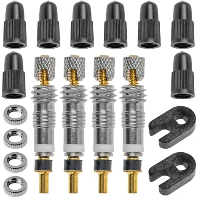 Abbildung von Fahrradventil Ersatz Set, mit 18 Teilen, für Sclaverand Ventil (SV), inkl. 4 x Presta Ventil, 8 Ventilkappen, Montagewerkzeug, Rennrad bis 15 bar, Französisches Reparatur