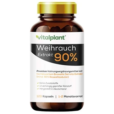 Abbildung von Vitalplant® Weihrauchkapseln hochdosiert im Braunglas 600mg indisches Boswellia Serrata mit 90% Boswelliasäure in jeder Weihrauch Kapsel 120st. Ohne Zusatzstoffe &amp; rückstandskontrolliert