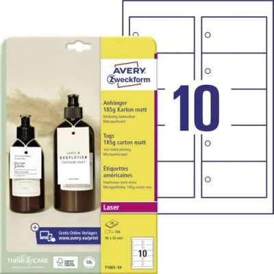 Abbildung von AVERY Zweckform T1001 10 stabile Anhänger 100 Stück inkl. Schnüre (90x50mm auf A4, beidseitig bedruckbare Produktanhänger, extra feine Perforation, Geschenkanhänger, Preisanhänger) Karton 185g, weiß